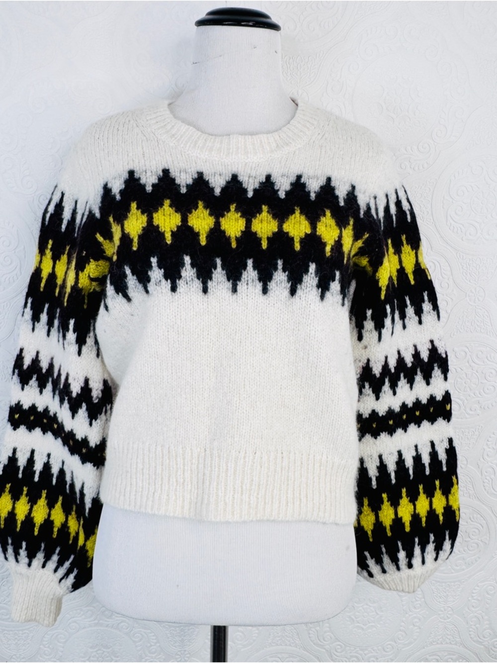 A.L.C. Sweater sz. Small Alpaca Wool White Brown Balloon Sleeves Diamond Pattern